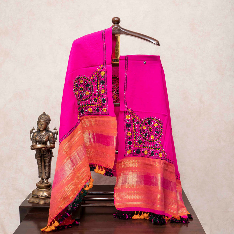 Rani Pink Handwoven Woollen Shawl With Mirror Work