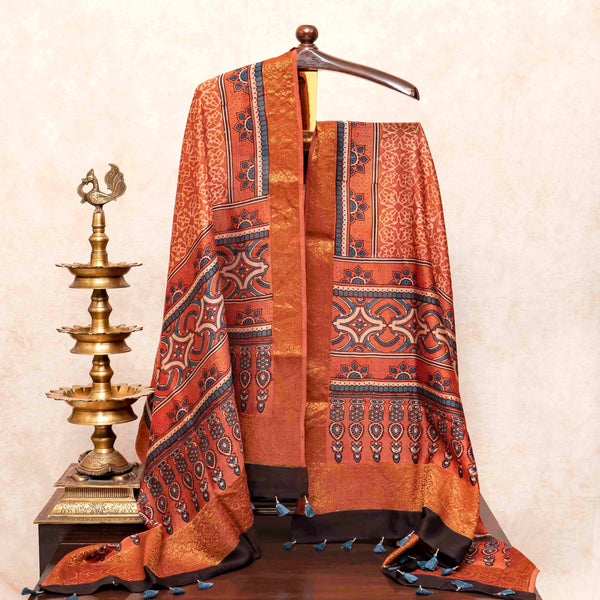 Hand Block Chanderi Ajrakh Kurta Fabric & Hand Block Chanderi Ajrakh Dupatta