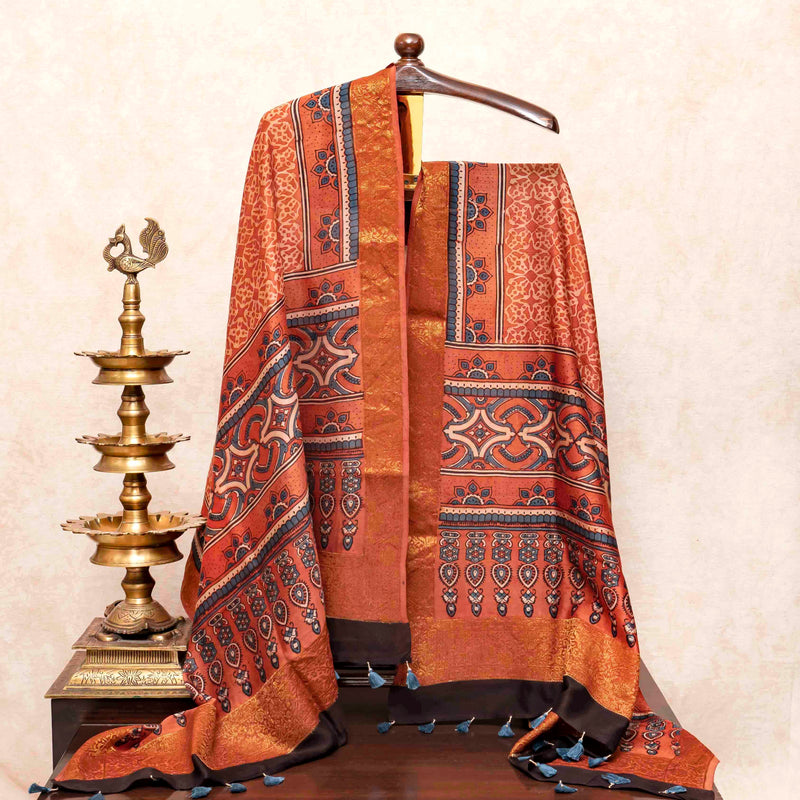 Hand Block Chanderi Ajrakh Kurta Fabric & Hand Block Chanderi Ajrakh Dupatta
