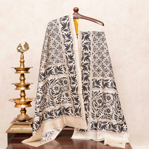 Handloom Khadi Silk Kurta, Bottom Fabric & Tussar Silk Dupatta With Kantha Hand Embroidery