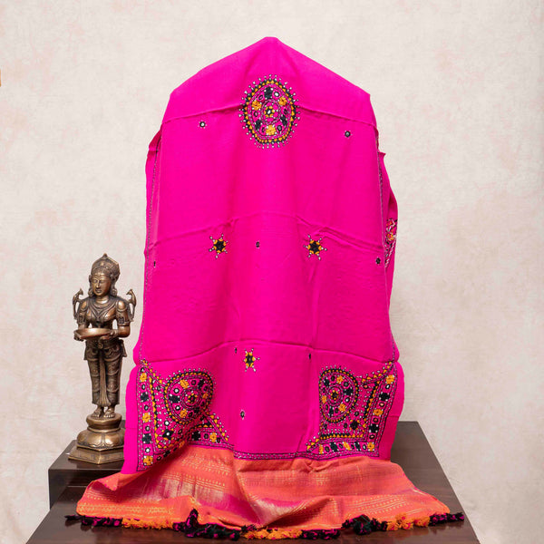 Rani Pink Handwoven Woollen Shawl With Mirror Work
