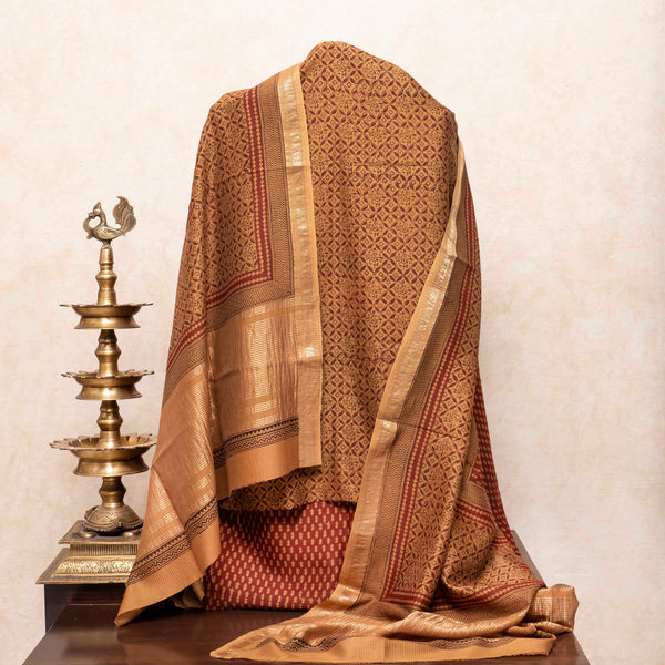 Maheshwari Silk Hand Block Bagh Print Kurta Fabric, Bottom Fabric & Maheshwari Silk Hand Block Bagh Print Dupatta