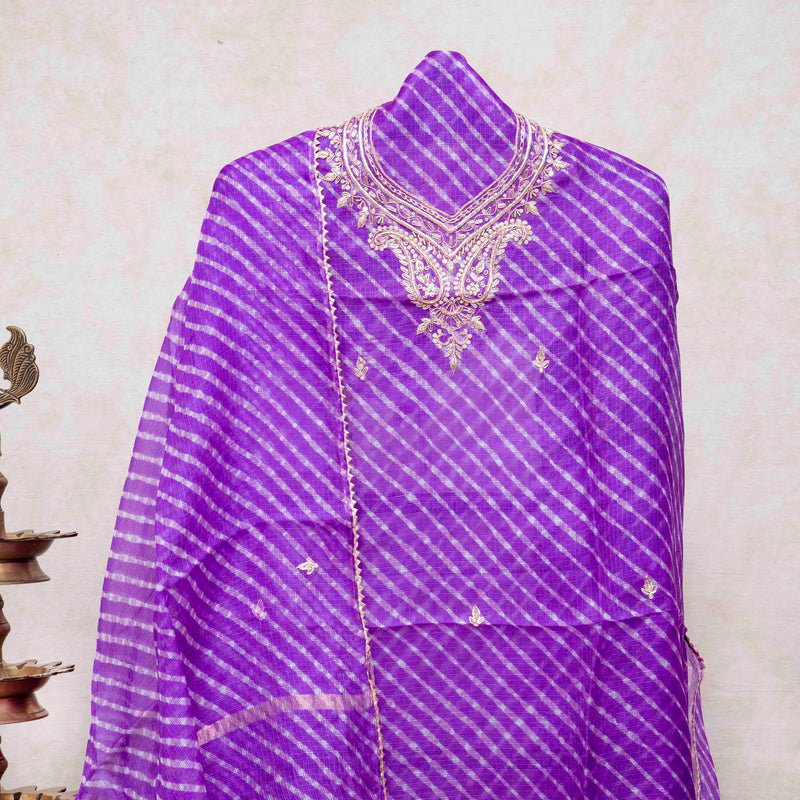Hand Tie - Dye Kota Silk Kurta Fabric With Zari Hand Embroidery & Zari Hand Embroidery Dupatta