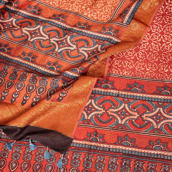 Hand Block Chanderi Ajrakh Kurta Fabric & Hand Block Chanderi Ajrakh Dupatta