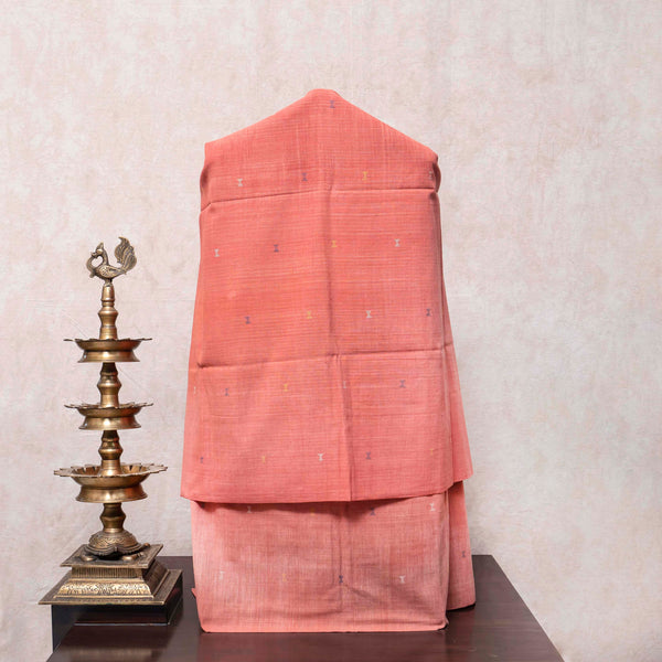 Elegant Handwoven Coral Kurta, Bottom & Multicolour Border Detailing