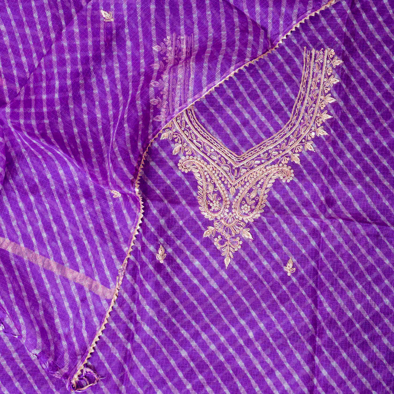 Hand Tie - Dye Kota Silk Kurta Fabric With Zari Hand Embroidery & Zari Hand Embroidery Dupatta