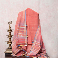 Elegant Handwoven Coral Kurta, Bottom & Multicolour Border Detailing
