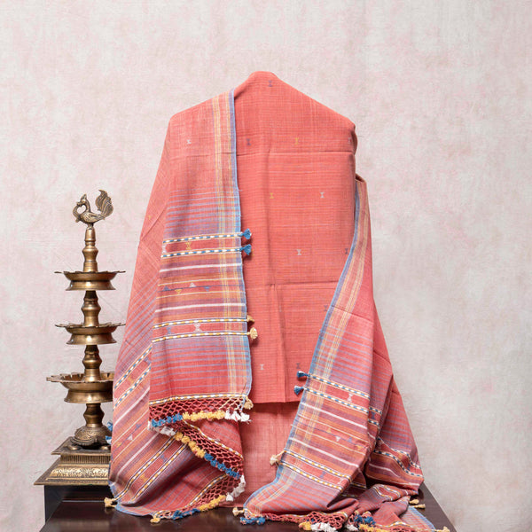 Elegant Handwoven Coral Kurta, Bottom & Multicolour Border Detailing
