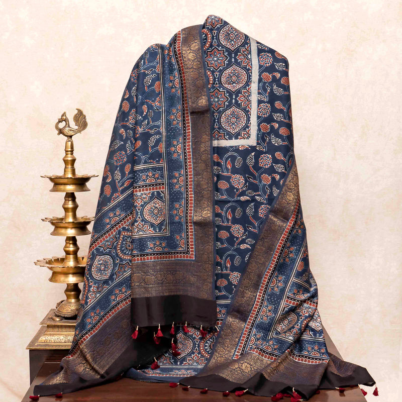 Hand Block Chanderi Ajrakh Kurta Fabric & Hand Block Chanderi Ajrakh Dupatta