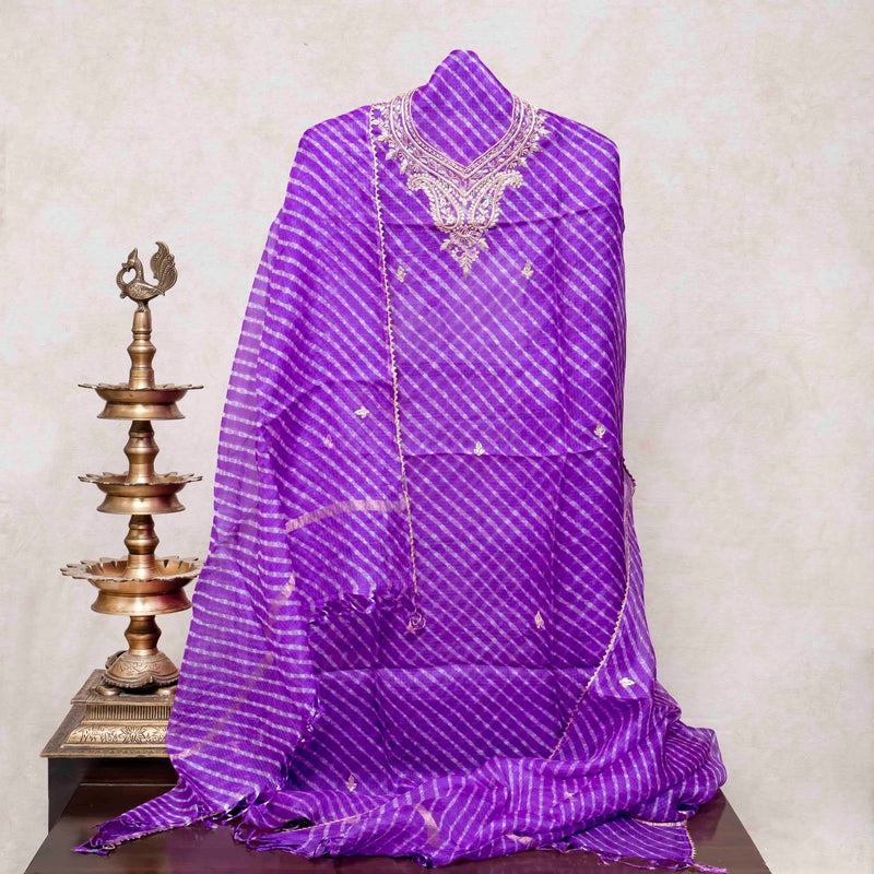Hand Tie - Dye Kota Silk Kurta Fabric With Zari Hand Embroidery & Zari Hand Embroidery Dupatta