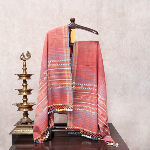 Elegant Handwoven Coral Kurta, Bottom & Multicolour Border Detailing
