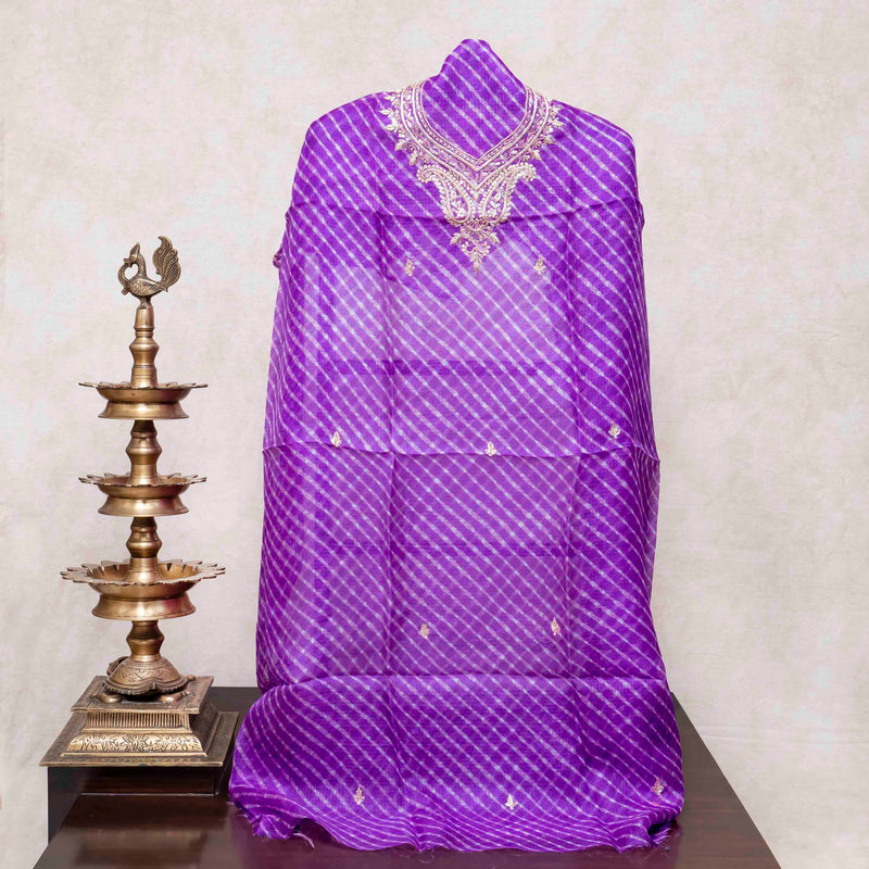 Hand Tie - Dye Kota Silk Kurta Fabric With Zari Hand Embroidery & Zari Hand Embroidery Dupatta