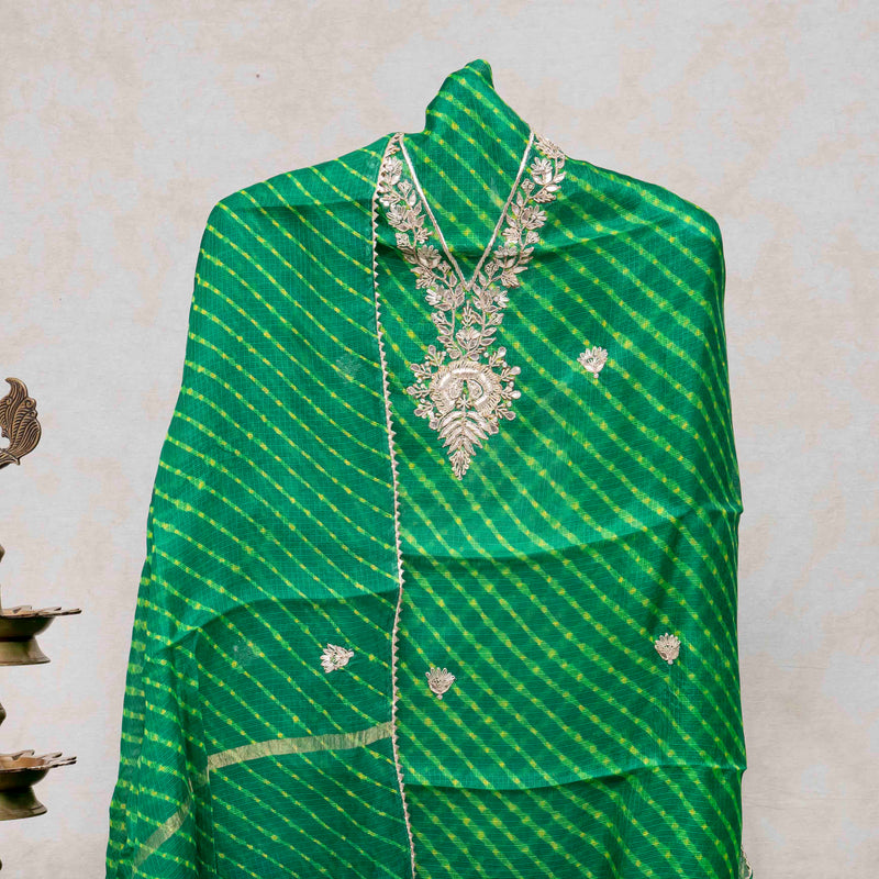 Hand Tie - Dye Kota Silk Kurta Fabric With Zari Hand Embroidery & Zari Hand Embroidery Dupatta