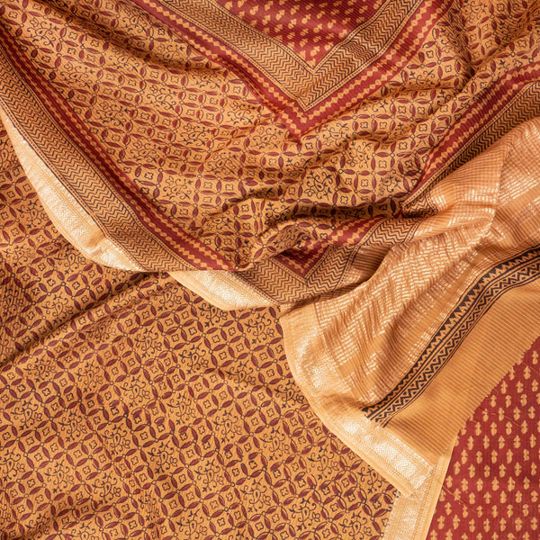 Maheshwari Silk Hand Block Bagh Print Kurta Fabric, Bottom Fabric & Maheshwari Silk Hand Block Bagh Print Dupatta
