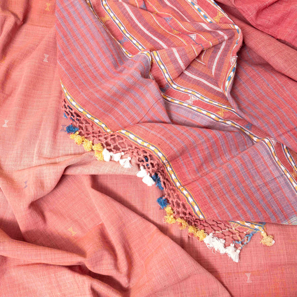 Elegant Handwoven Coral Kurta, Bottom & Multicolour Border Detailing