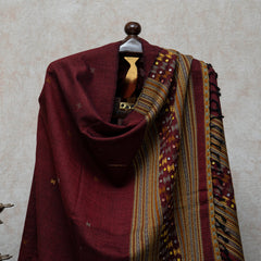 Maroon Handwoven Woollen Shawl With Mirror Handwork