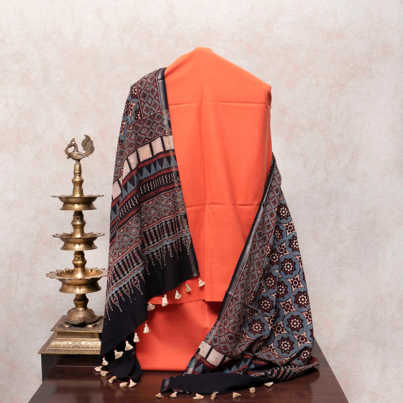 Sunset Rust Handloom Cotton Suit Set with Ajrakh Block Print Dupatta