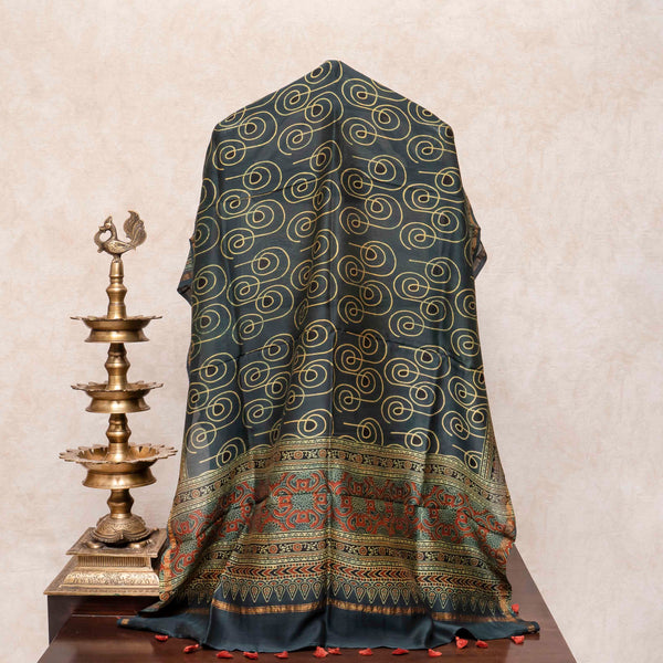 Hand Block Ajrakh Chanderi Silk Olive Dupatta