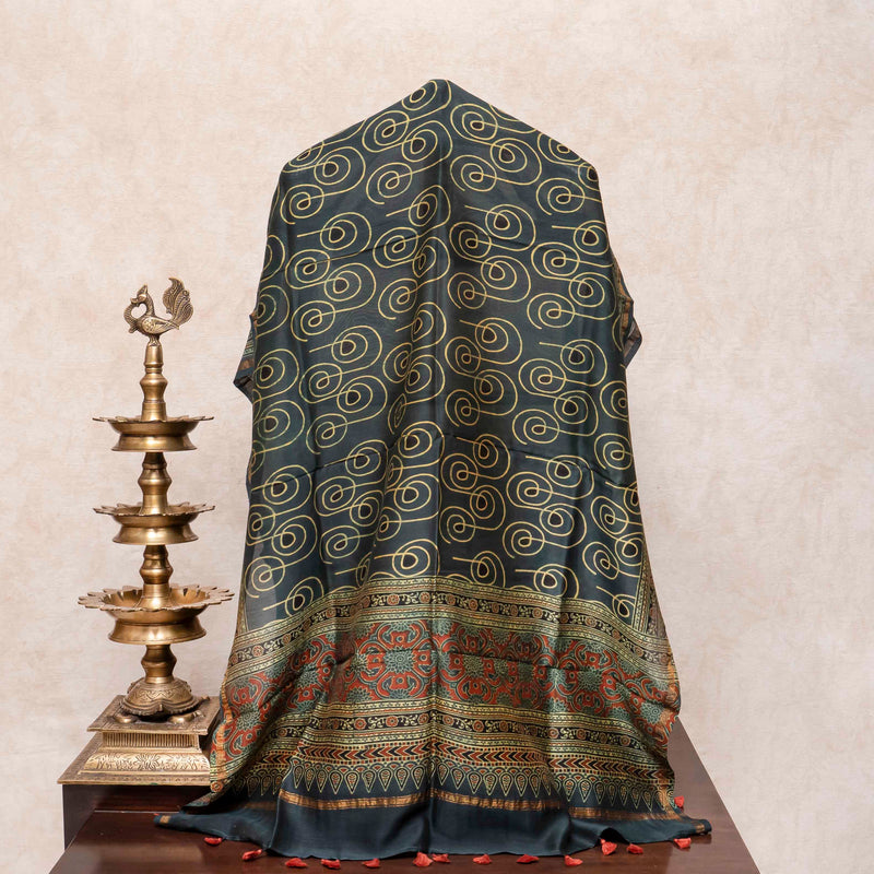 Hand Block Ajrakh Chanderi Silk Olive Dupatta