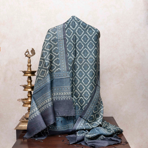 Ajrakh Handloom Tussar Silk Kurta & Dupatta Set in Teal Grey