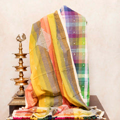Handloom Kala Cotton Multicolour Check Kurta Fabric With Mirror Work, Handloom Kala Cotton Multicolour Check Bottom Fabric & Hand Kala Cotton Multicolour Stripes Dupatta With Mirror Work