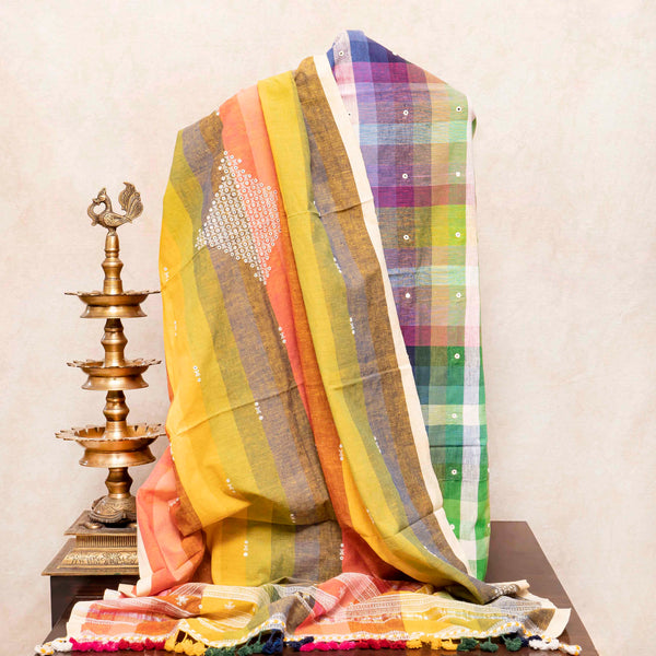 Handloom Kala Cotton Multicolour Check Kurta Fabric With Mirror Work, Handloom Kala Cotton Multicolour Check Bottom Fabric & Hand Kala Cotton Multicolour Stripes Dupatta With Mirror Work