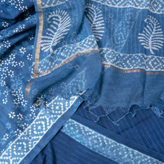 Indigo Bloom Handblock Cotton Suit with Kota Doria Dupatta