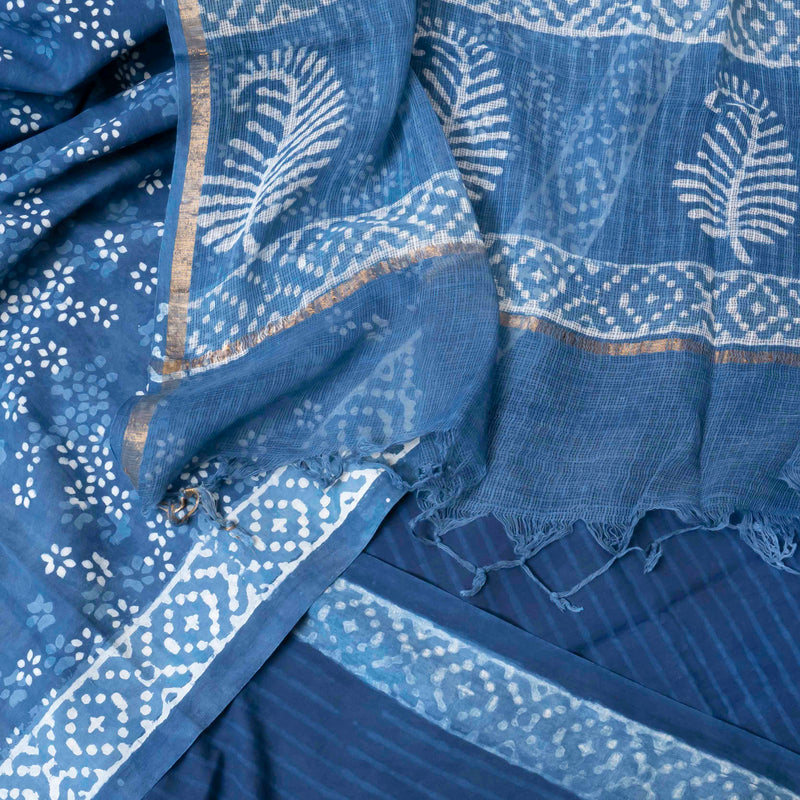 Indigo Bloom Handblock Cotton Suit with Kota Doria Dupatta