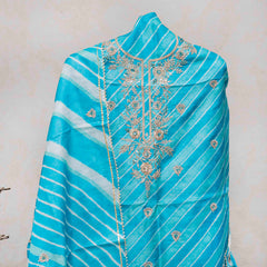 Hand Tie - Dye Tussar Silk Lehriya Kurta Fabric With Zari Hand Embroidery & Tussar Silk Lehriya Dupatta