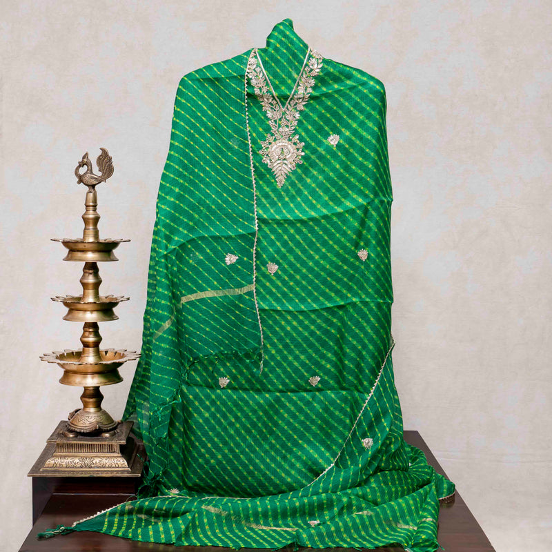 Hand Tie - Dye Kota Silk Kurta Fabric With Zari Hand Embroidery & Zari Hand Embroidery Dupatta