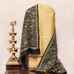 Handloom Tussar Golden Stripes Kurta Bottom Fabric & Hand Embroidered Silk Kantha