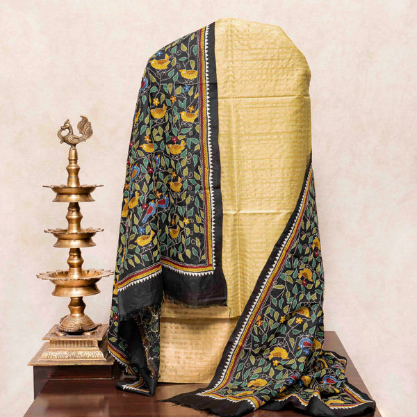 Handloom Tussar Golden Stripes Kurta Bottom Fabric & Hand Embroidered Silk Kantha