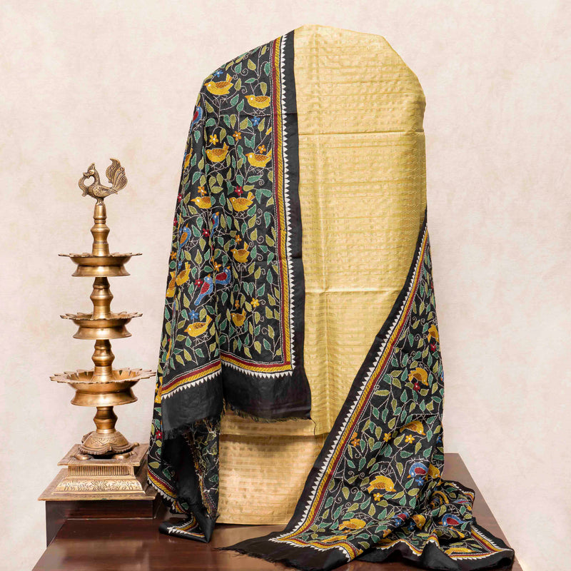 Handloom Tussar Golden Stripes Kurta Bottom Fabric & Hand Embroidered Silk Kantha