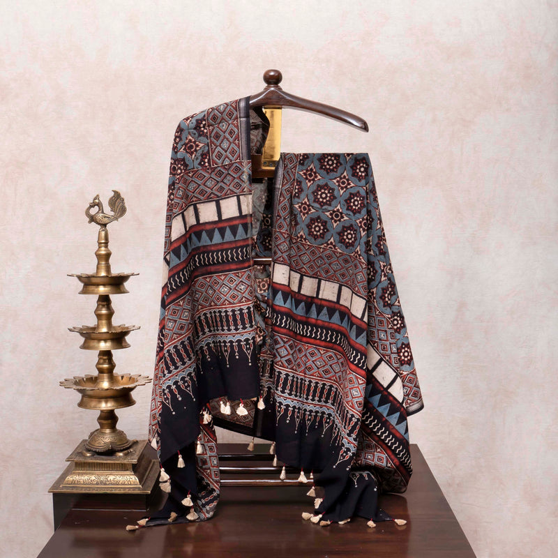 Sunset Rust Handloom Cotton Suit Set with Ajrakh Block Print Dupatta