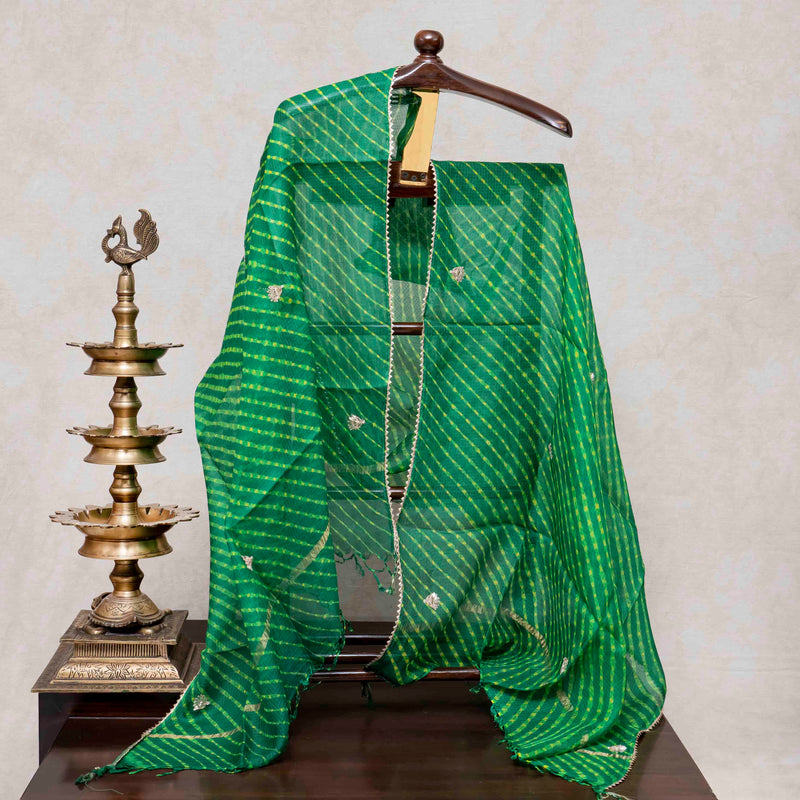 Hand Tie - Dye Kota Silk Kurta Fabric With Zari Hand Embroidery & Zari Hand Embroidery Dupatta