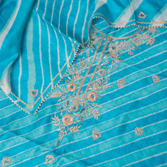 Hand Tie - Dye Tussar Silk Lehriya Kurta Fabric With Zari Hand Embroidery & Tussar Silk Lehriya Dupatta