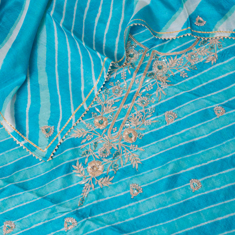 Hand Tie - Dye Tussar Silk Lehriya Kurta Fabric With Zari Hand Embroidery & Tussar Silk Lehriya Dupatta