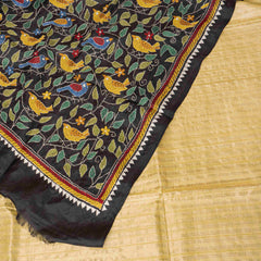 Handloom Tussar Golden Stripes Kurta Bottom Fabric & Hand Embroidered Silk Kantha