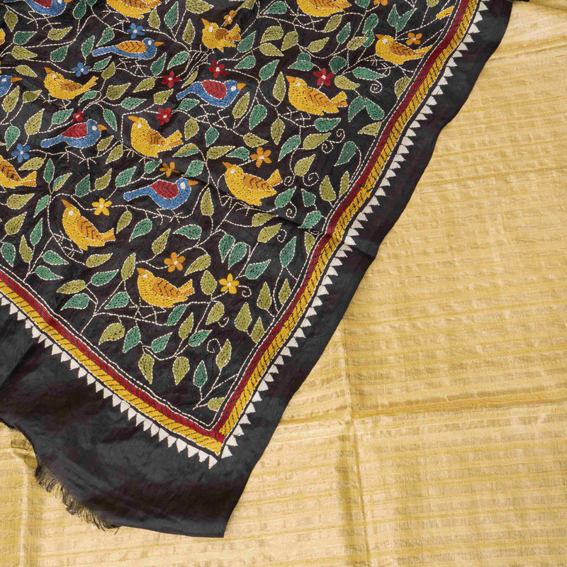Handloom Tussar Golden Stripes Kurta Bottom Fabric & Hand Embroidered Silk Kantha