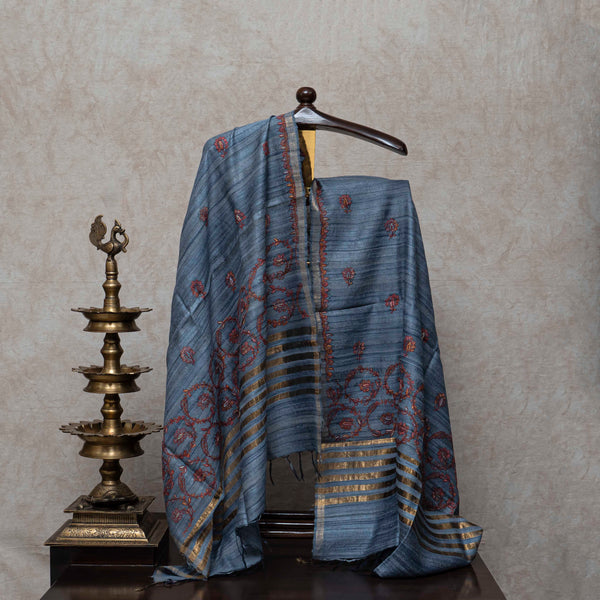 Blue Tussar Silk Stole With Sozni Embroidery