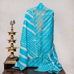 Hand Tie - Dye Tussar Silk Lehriya Kurta Fabric With Zari Hand Embroidery & Tussar Silk Lehriya Dupatta