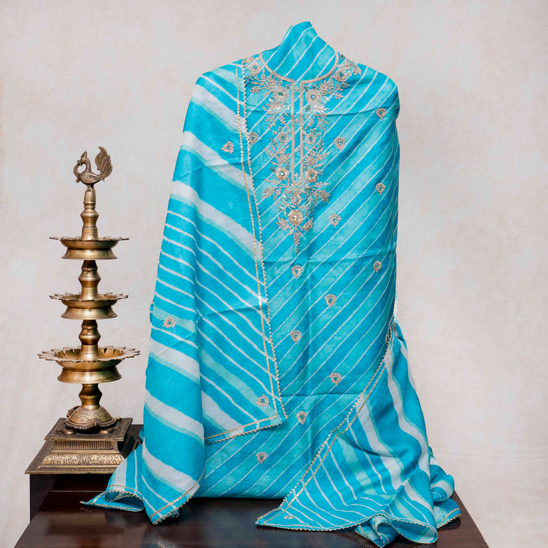 Hand Tie - Dye Tussar Silk Lehriya Kurta Fabric With Zari Hand Embroidery & Tussar Silk Lehriya Dupatta