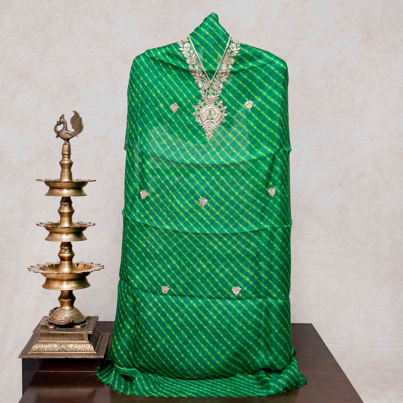 Hand Tie - Dye Kota Silk Kurta Fabric With Zari Hand Embroidery & Zari Hand Embroidery Dupatta