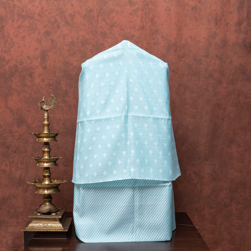 Handwoven Muslin Cotton Jamdani Suit - Sky Blue