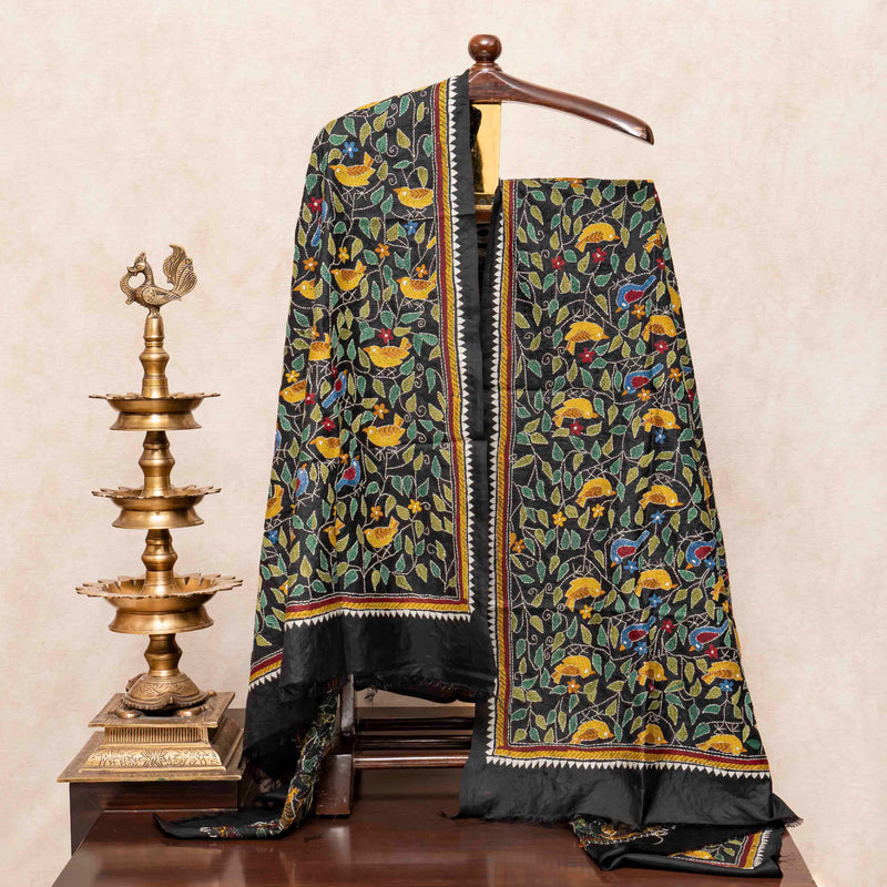 Handloom Tussar Golden Stripes Kurta Bottom Fabric & Hand Embroidered Silk Kantha