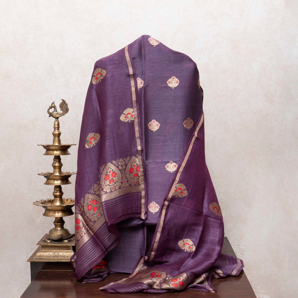 Royal Plum Handloom Linen Silk Set with Orange Highlighted Kadwa Weave