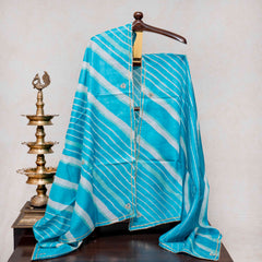 Hand Tie - Dye Tussar Silk Lehriya Kurta Fabric With Zari Hand Embroidery & Tussar Silk Lehriya Dupatta
