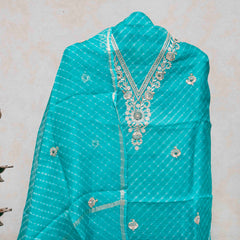 Hand Tie - Dye Kota Silk Kurta Fabric With Zari Hand Embroidery & Zari Hand Embroidery Dupatta