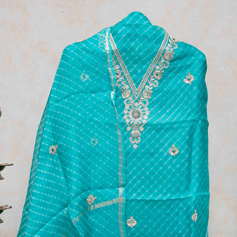 Hand Tie - Dye Kota Silk Kurta Fabric With Zari Hand Embroidery & Zari Hand Embroidery Dupatta