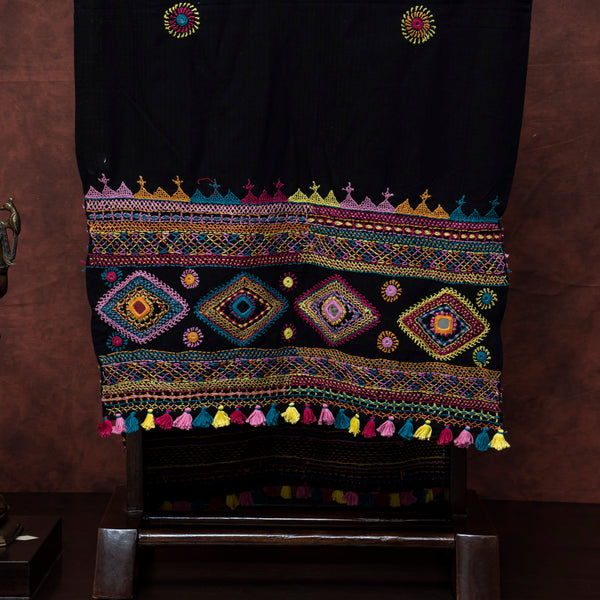 Handloom Cotton Black Lambani Stole With Multicolour Hand Embroidery